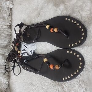 Zara Black Lace-Up Beaded Gladiator Sandals with Brown & Orange Beads